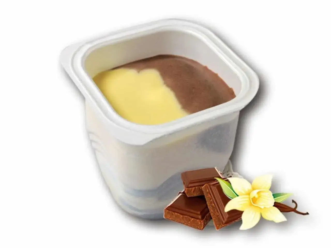 Delicioso coulant de chocolate y vainilla en envase, acompañado de trozos de chocolate y una flor de vainilla.