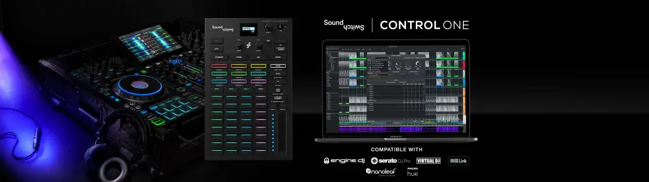 DJ-Controller und Laptop mit SoundSwitch lichtsteuerung software. Perfekt f&uuml;r dynamische Lichtshows.