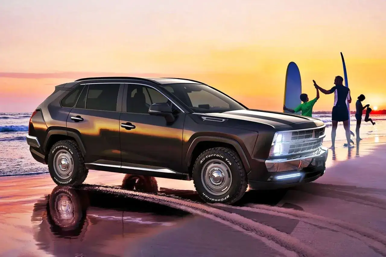 Na plaży o zachodzie słońca stoi ciemny SUV, gotowy na przygodę. W tle rodzina z deskami surfingowymi cieszy się ostatnimi promieniami słońca. To idealne auta buddy na wakacje.