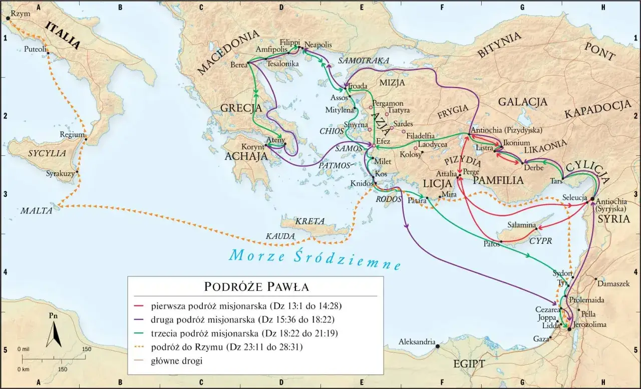 Mapa pokazuje podróże misjonarskie Pawła, ukazując jego drogę z Rzymu przez Grecję, Azję Mniejszą i Cypr, co pozwala zrozumieć, kim był święty Paweł i jego działalność.