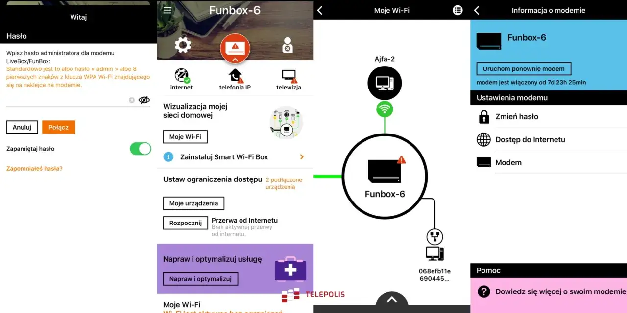 Aplikacja Orange pokazuje jak zmienic haslo do wifi w Funbox-6. Widzimy opcje