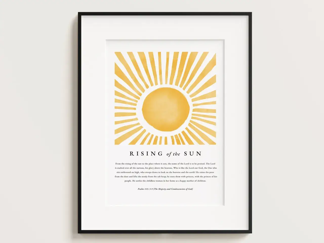 Gerahmte Kunst mit aufgehender Sonne und Text aus Psalm 113.
