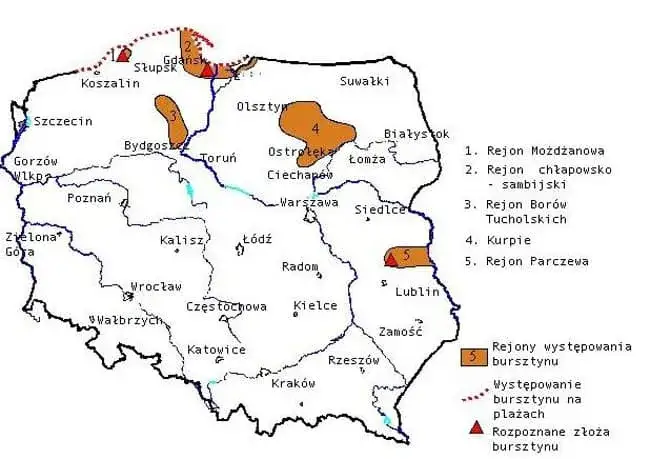 Mapa Polski z zaznaczonymi miejscami do szukania bursztynu, bursztyn na plaży po sztormie