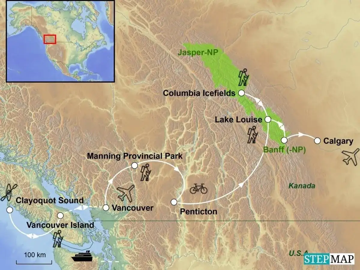 Reiseroute durch Westkanada: Jasper NP, Banff, Vancouver Island & mehr. Die beste Reisezeit für diese Tour ist im Sommer.