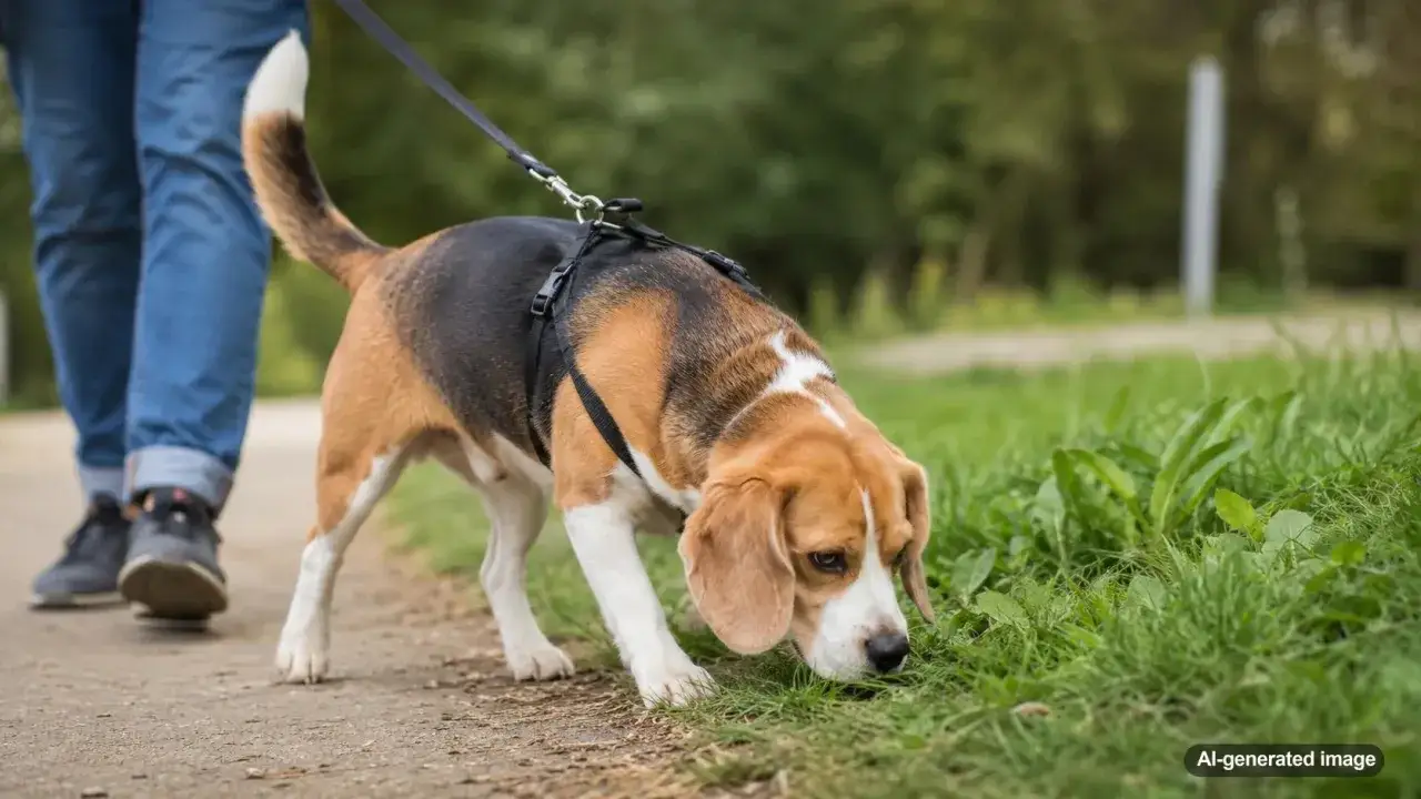 Beagle usposobienie: piesek na spacerze węszy w trawie, pokazując swoje naturalne, ciekawskie usposobienie.