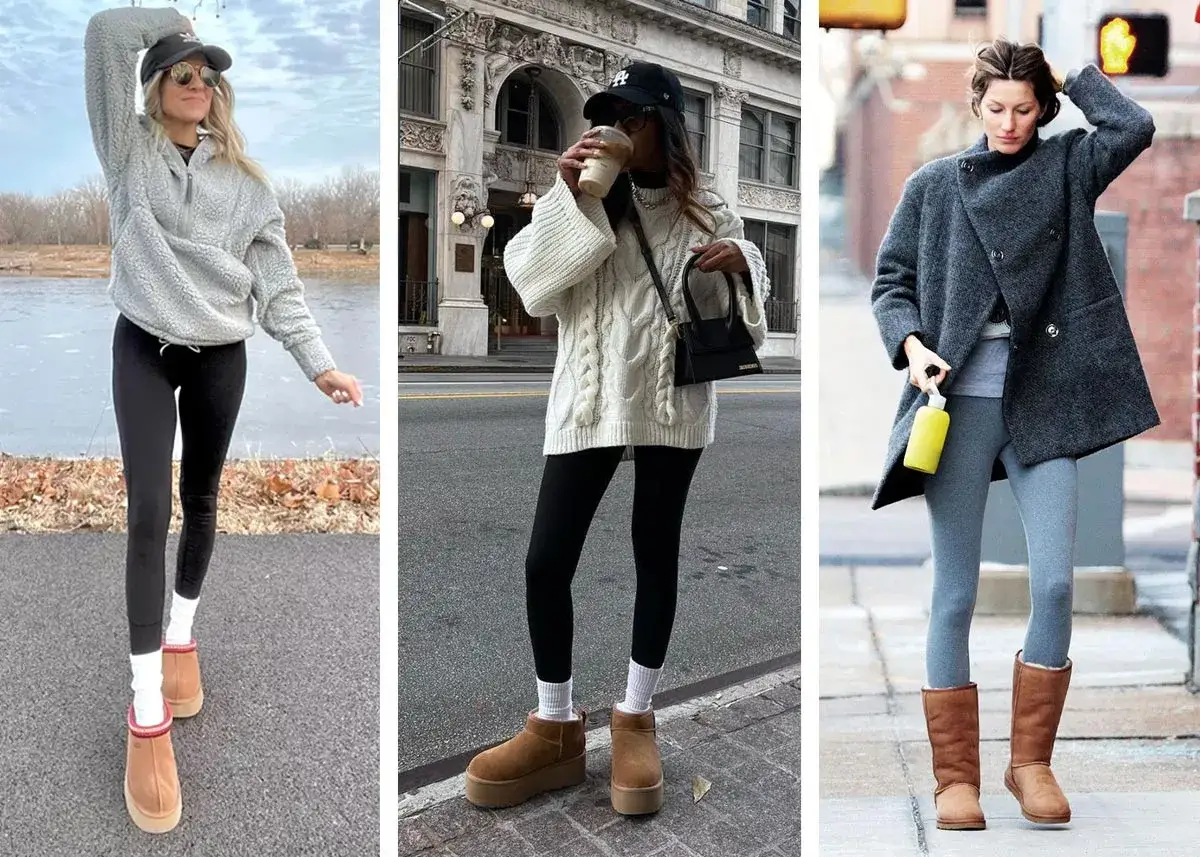 Trzy kobiety w modnych stylizacjach, w tym w kultowych butach UGG. UGG to marka znana z komfortu i stylu.