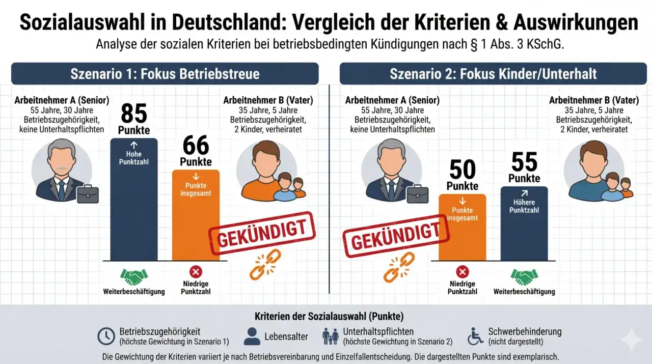 Vergleich der Sozialauswahl-Punkte-Tabellen für Kündigungen in Deutschland. Zeigt zwei Szenarien mit unterschiedlichen Kriterien und deren Auswirkungen auf die Punktzahl.