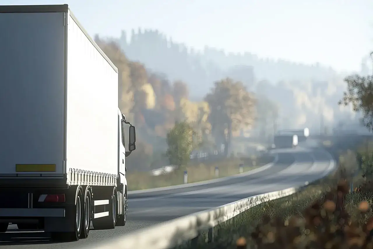 Un camion europ&eacute;en blanc roule sur une route sinueuse bord&eacute;e d'arbres aux couleurs d'automne.