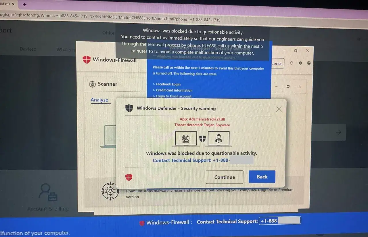 Alerta de seguridad de Windows con un n&uacute;mero de tel&eacute;fono sospechoso, indicando un posible **geek squad scam**.