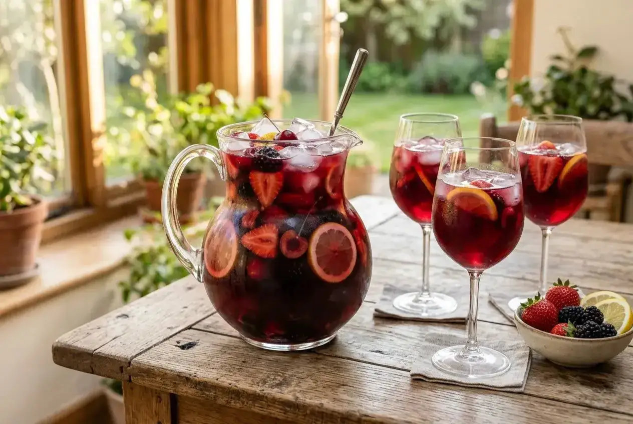 Pichet et verres remplis de sangria fruit&eacute;e, avec des fraises, des citrons et des cerises. Le vin pour sangria est pr&ecirc;t &agrave; &ecirc;tre d&eacute;gust&eacute;.
