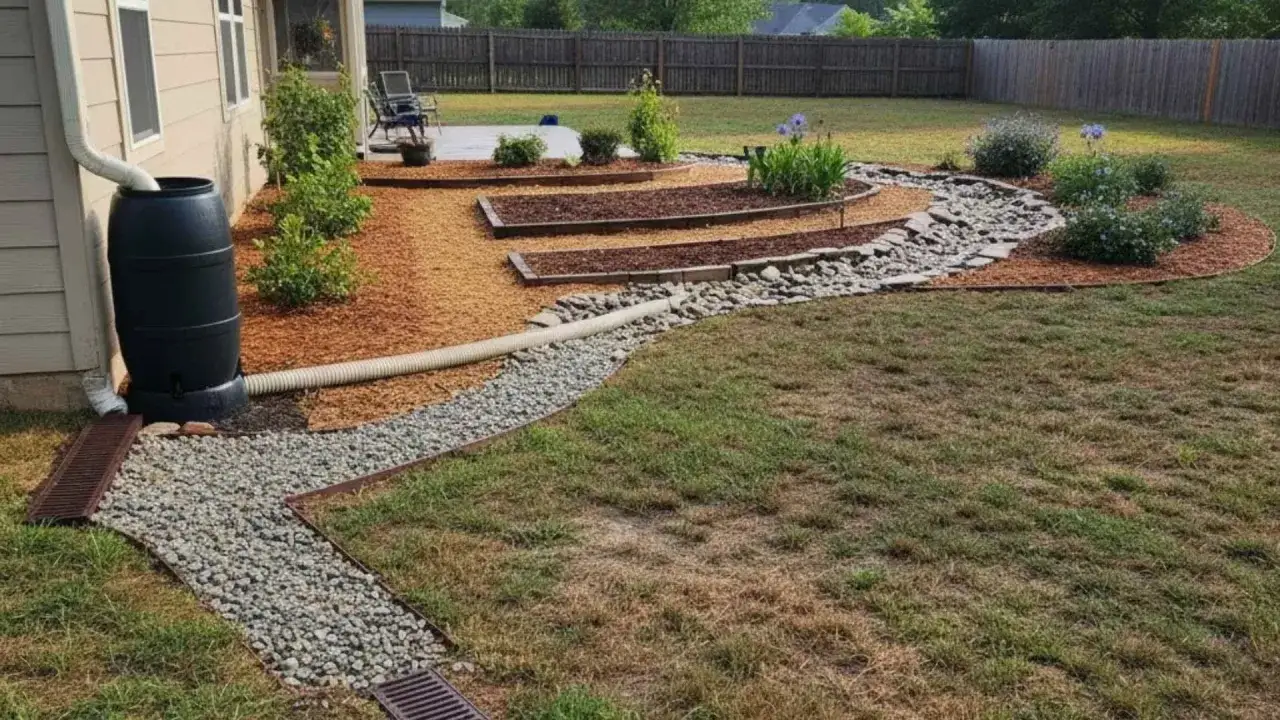 Jardin aménagé avec un récupérateur d'eau de pluie, des parterres surélevés et un chemin de galets, sur une terre argileuse.
