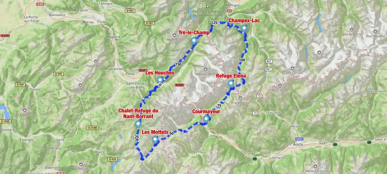 Carte du Tour du Mont-Blanc avec les refuges et les étapes clés : Les Houches, Refuge Elena, Courmayeur, Nant-Borrant.