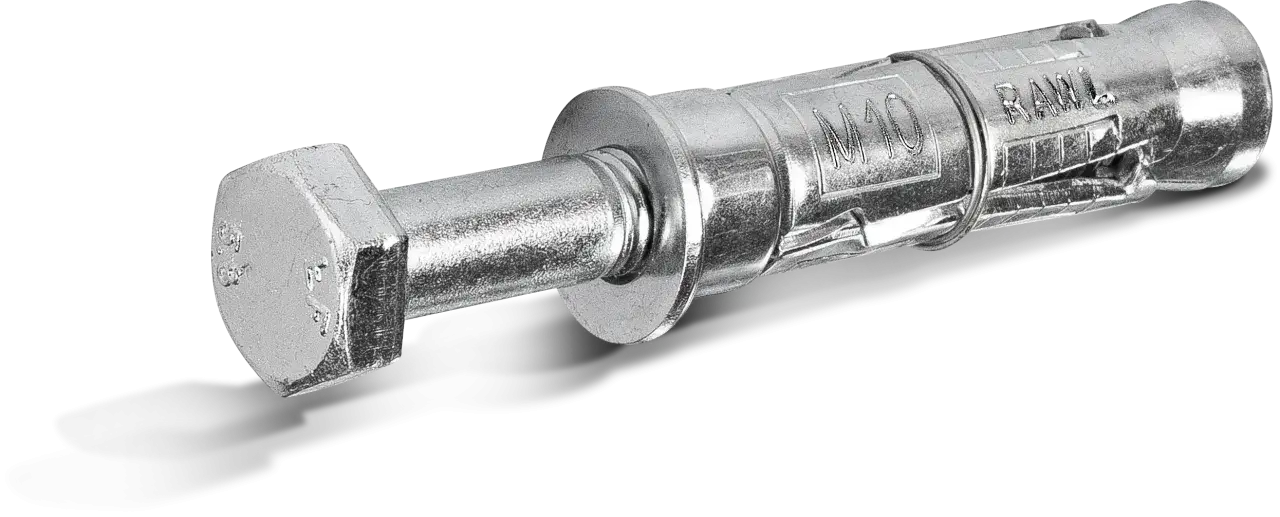 Metalowy wkręt do betonu Rawlplug z oznaczeniem M10, gotowy do montażu.