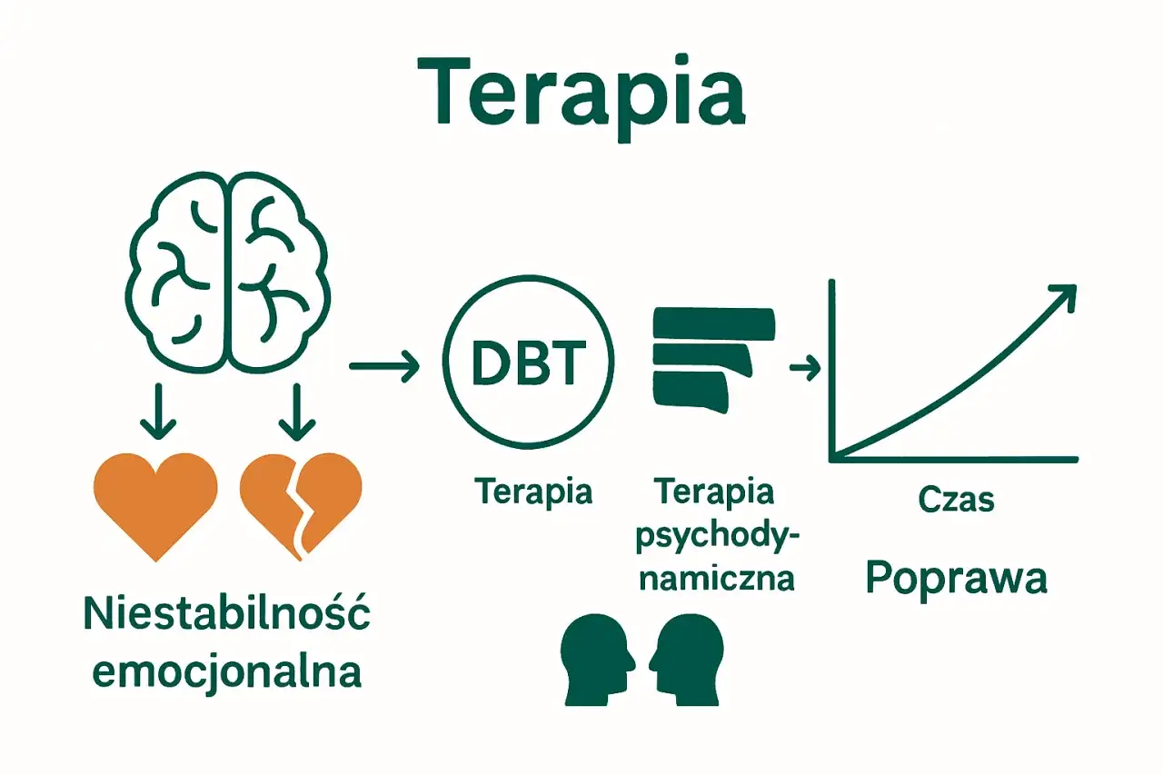 Schemat terapii dla os&oacute;b z niestabilnością emocjonalną: m&oacute;zg, serce (całe i pęknięte), DBT, terapia psychodynamiczna, czas i poprawa.