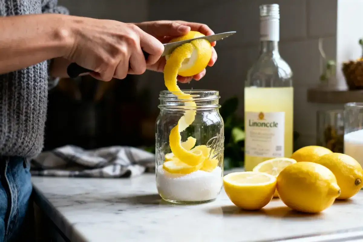 Pr&eacute;paration d'une recette limoncello : zestes de citron coup&eacute;s dans un bocal avec du sucre, une bouteille de limoncello et des citrons frais &agrave; proximit&eacute;.