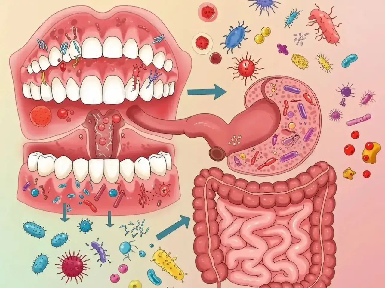 Illustrazione del cavo orale con batteri, che mostra il percorso verso stomaco e intestino. I probiotici aiutano a mantenere l'equilibrio.