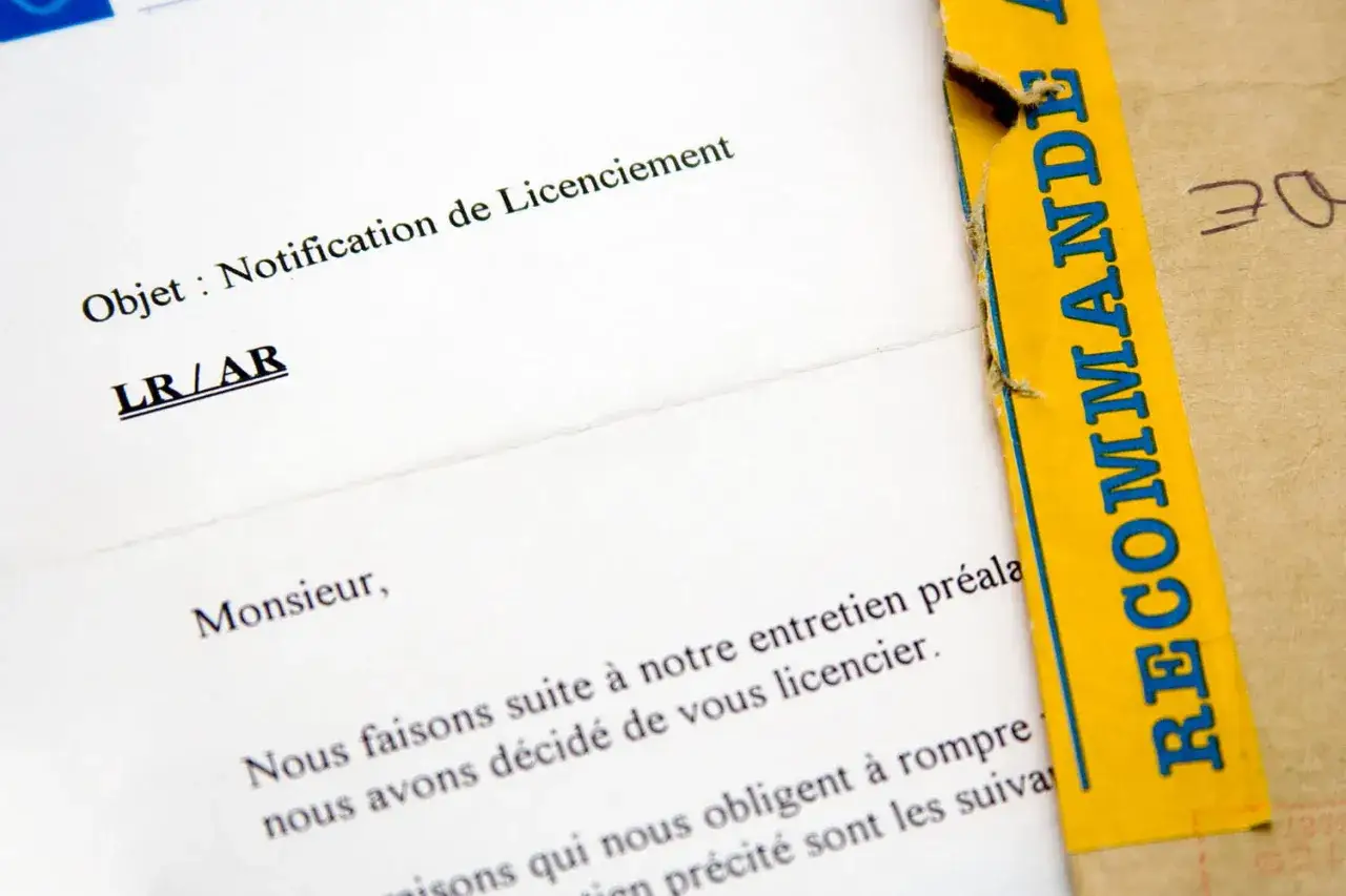 Lettre de notification de licenciement, suite à un entretien préalable. Un bordereau jaune 