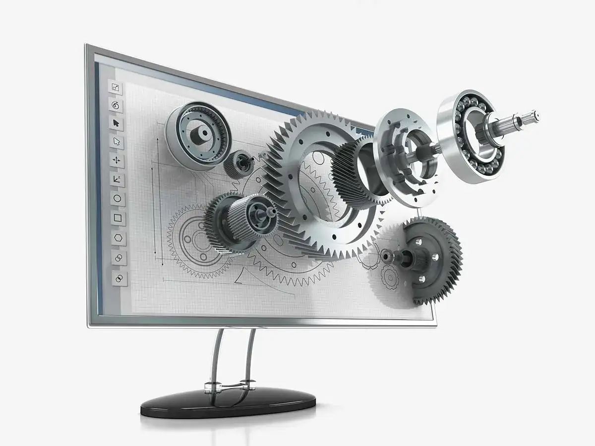 Un **inventor** usa AutoCAD per visualizzare ingranaggi e cuscinetti esplosi su un monitor, con schizzi tecnici sullo sfondo.