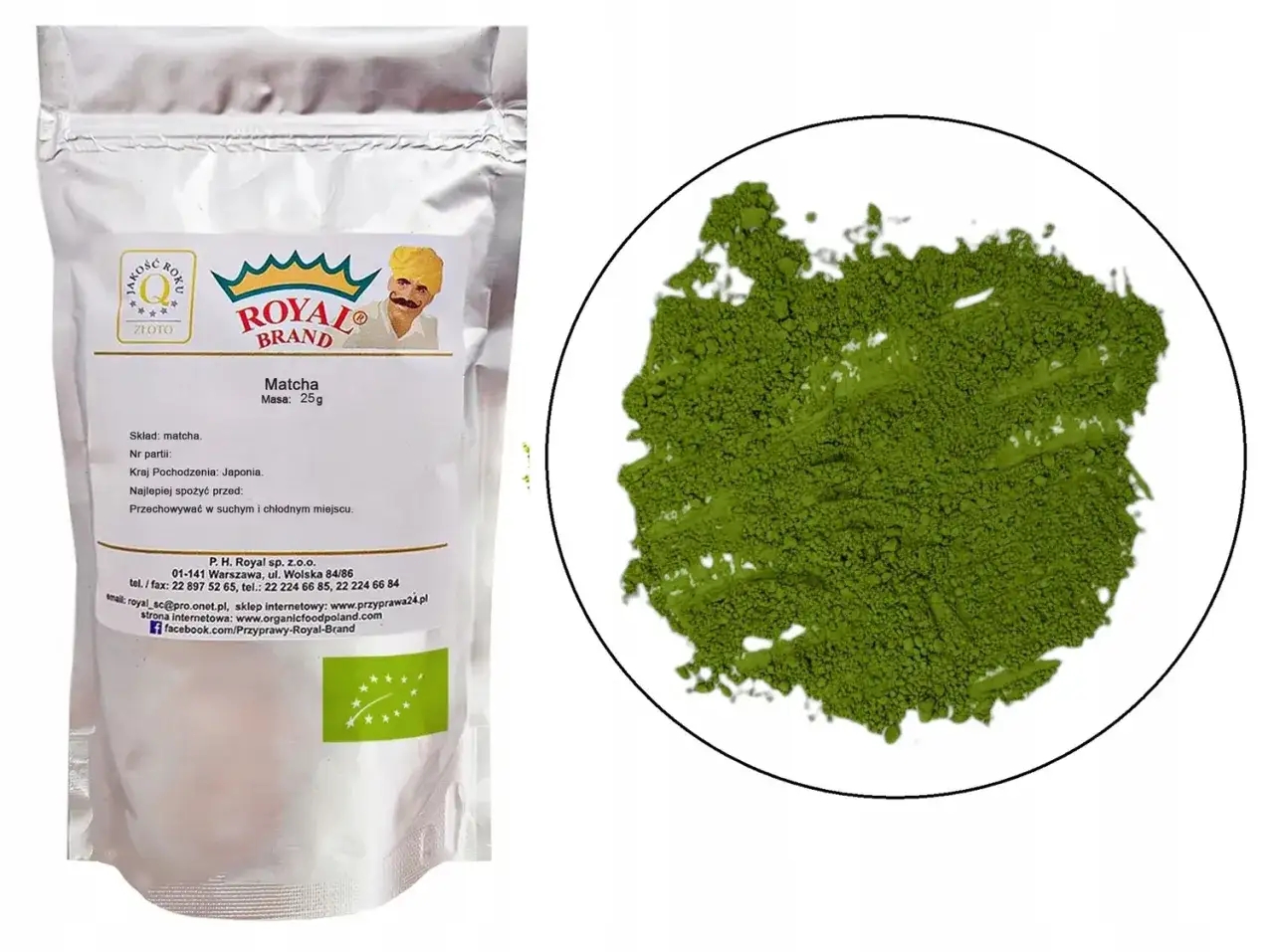 Opakowanie matchy Royal Brand z Japonii. Intensywnie zielony proszek w okręgu sugeruje, jaka matcha najlepsza dla miłośnik&oacute;w autentycznego smaku.