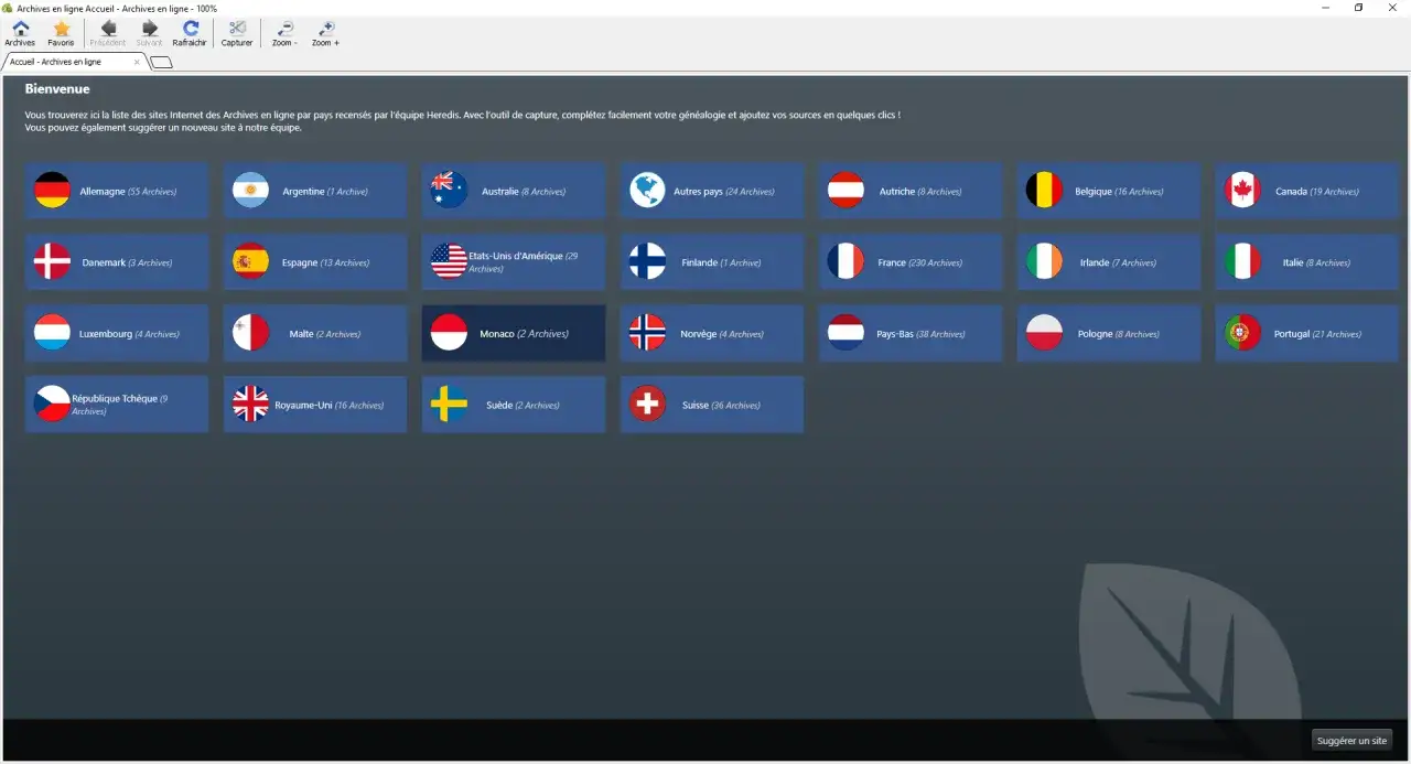 Interface d'un logiciel généalogie gratuit, affichant des drapeaux de pays pour accéder aux archives en ligne.