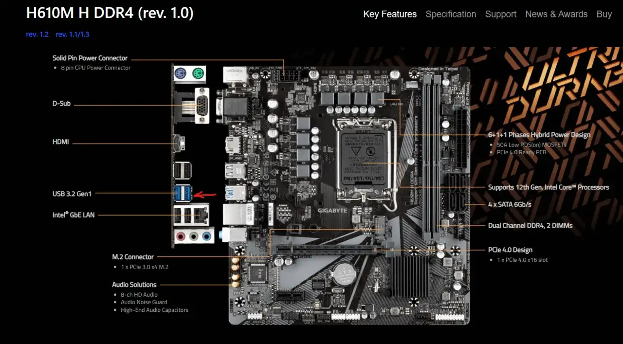 Płyta główna Gigabyte H610M H DDR4 z portem USB 3.2 Gen 1, HDMI, LAN i złączem M.2.