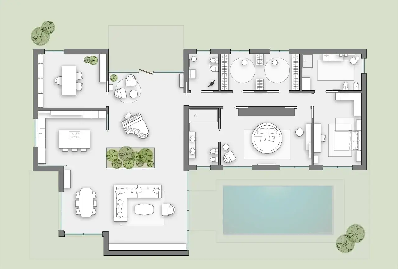 Progetto ville a un piano con portico: cucina, sala da pranzo, soggiorno con pianoforte, camere da letto, bagni e piscina.