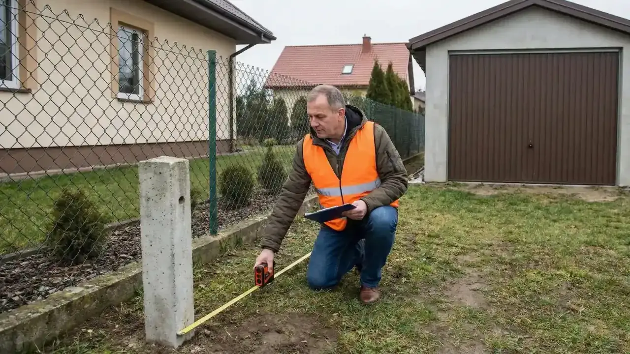 Inspektor w kamizelce odblaskowej dokonuje pomiarów na posesji, co może być częścią kontroli nadzoru budowlanego.