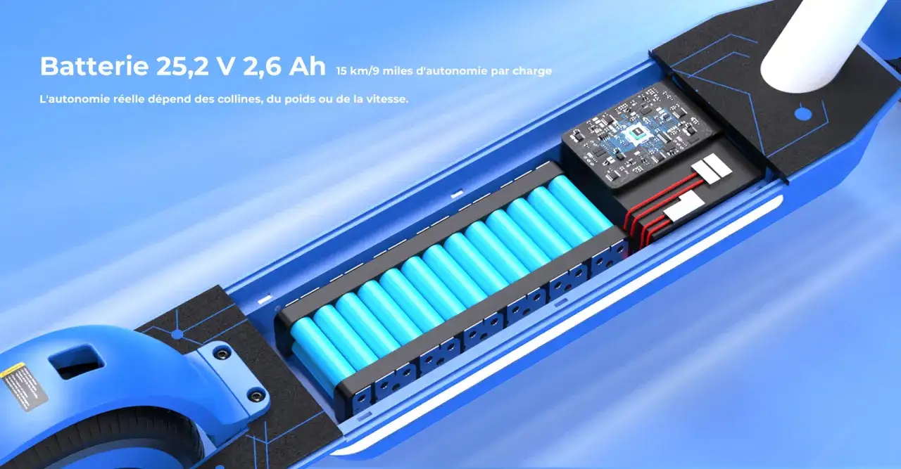 Batterie de trottinette électrique 25,2V 2,6Ah offrant 15 km d'autonomie. L'autonomie trottinette électrique dépend de votre trajet.