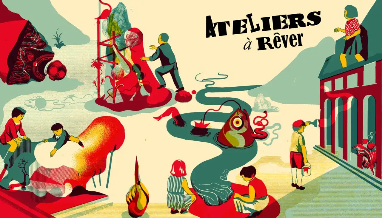 Ateliers à Rêver : une scène onirique aux couleurs vives, évoquant le mouvement dada et surréaliste, avec des enfants dans un paysage fantaisiste.