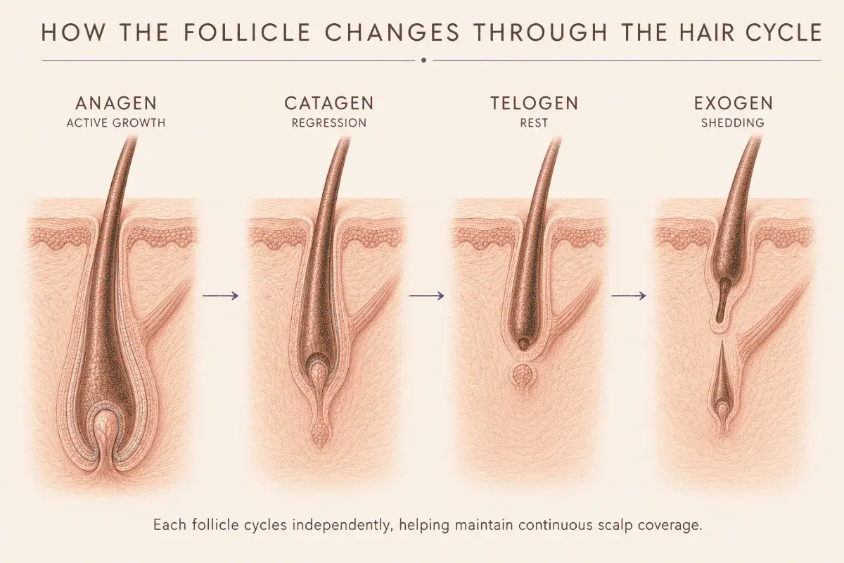 Illustrazione del ciclo del capello: crescita, regressione, riposo e caduta. Non ci sono miracoli per far crescere i capelli, solo scienza.