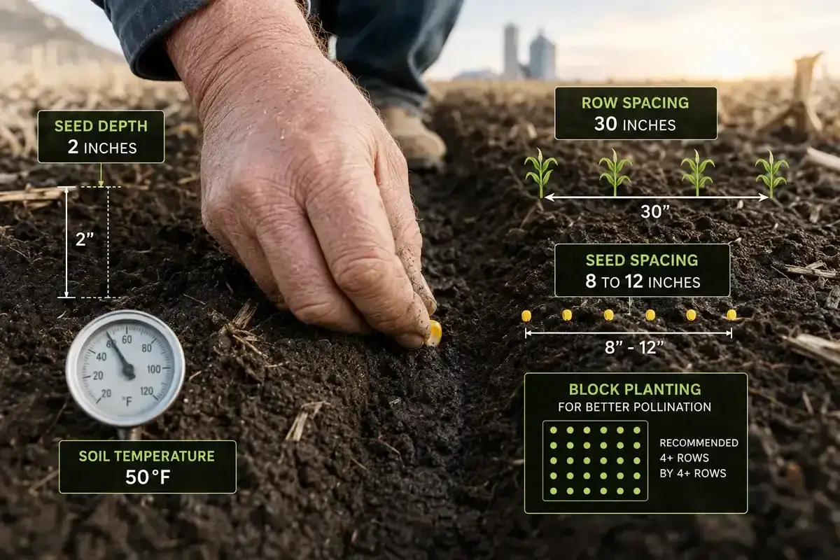 Un agriculteur sème du maïs à la main, à 2 pouces de profondeur, dans un sol à 50°F. Les espacements recommandés sont de 30 pouces entre les rangs et de 8 à 12 pouces entre les semis.