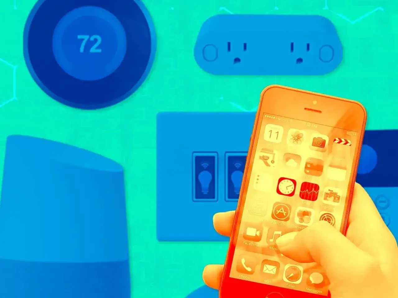 Smart life urządzenia: termostat, gniazdko, włączniki światła i smartfon sterują domem.