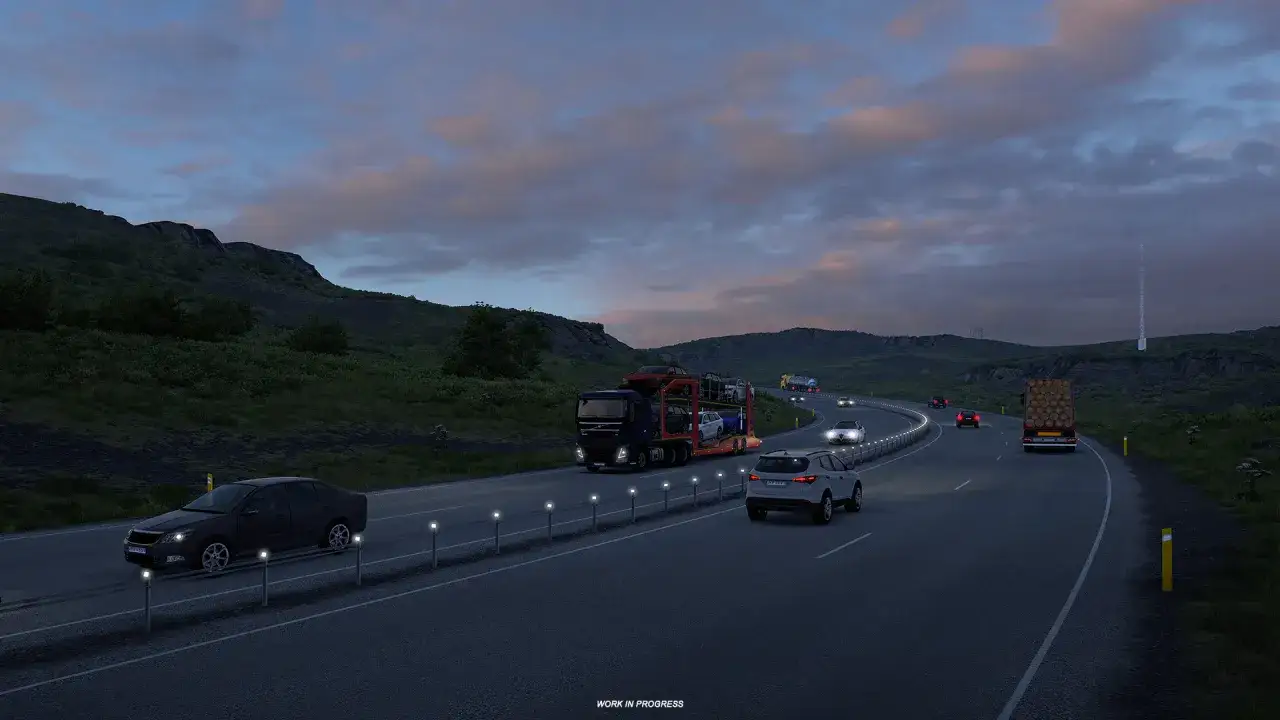 Droga w nocy, ciężarówka z autami, inne pojazdy. Sprawdź ets2 wymagania, by cieszyć się taką grafiką.