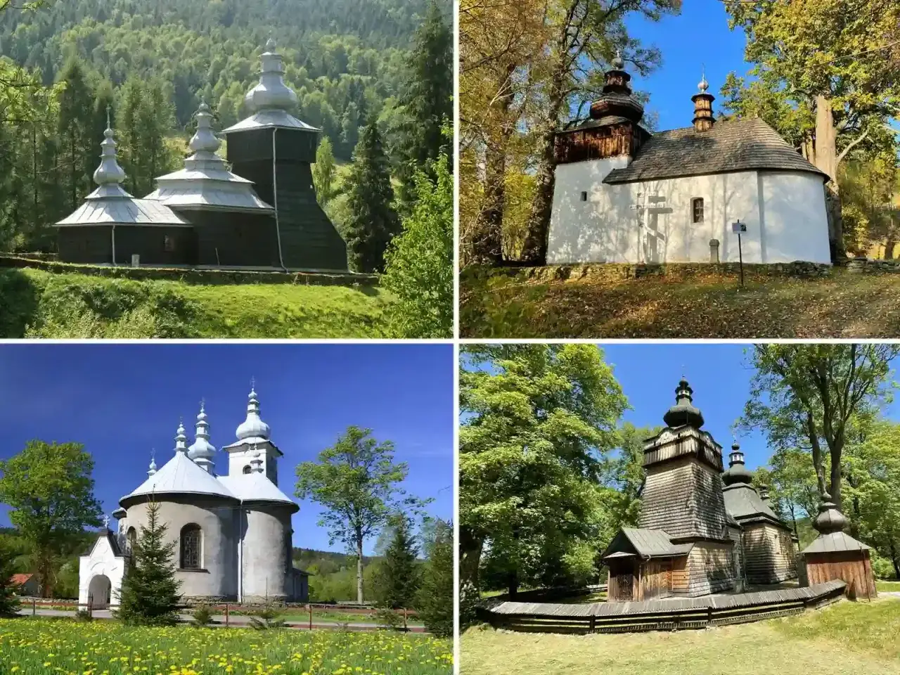 Drewniane cerkwie i kościoły w Beskidzie Niskim, otoczone zielenią i jesiennymi liśćmi, świadczą o bogatej historii regionu.