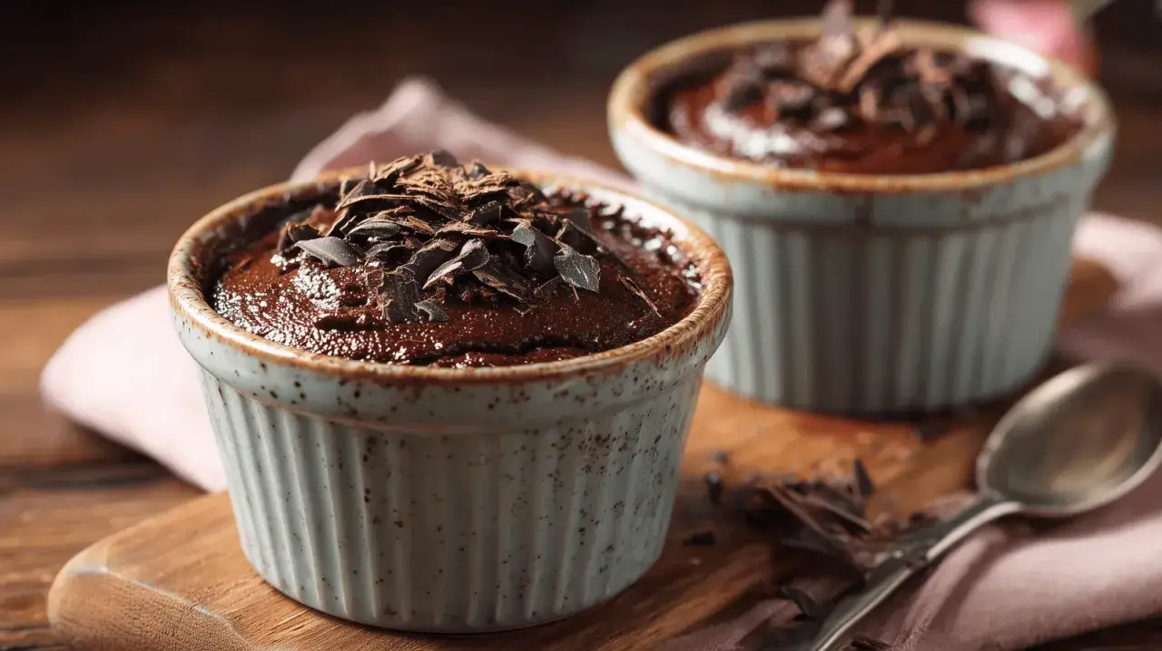 Deux ramequins de mousse au chocolat, garnie de copeaux de chocolat noir, sur une planche en bois.