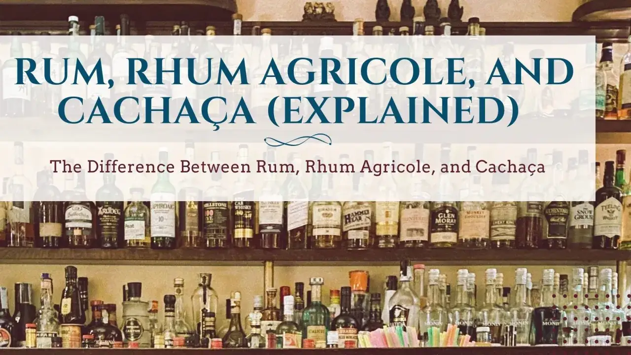 Regale voller Flaschen, die Rum, Rhum Agricole und Cacha&ccedil;a zeigen. Die Beschriftung erkl&auml;rt den Unterschied zwischen diesen Spirituosen, wobei Cacha&ccedil;a als eine Art Rum hervorgehoben wird.