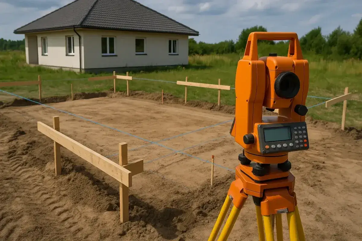 Geodeta mierzy teren pod budowę domu. Widać niwelator, drewniane ławy drutowe i nowy budynek w tle.