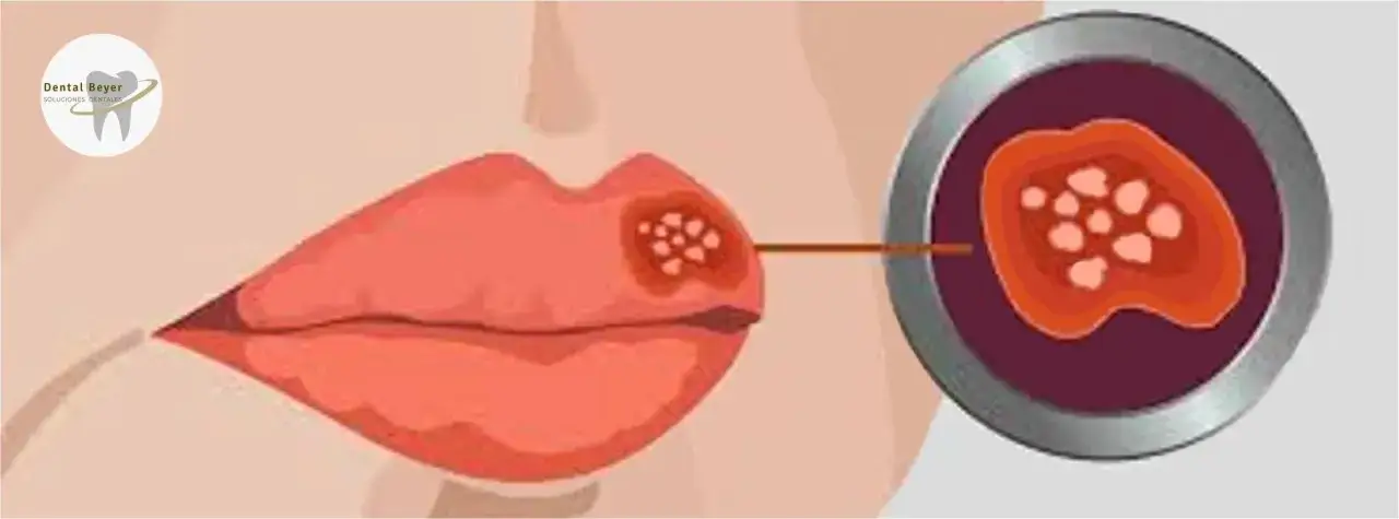 Labios con un brote de herpes labial, mostrado en detalle en un c&iacute;rculo.