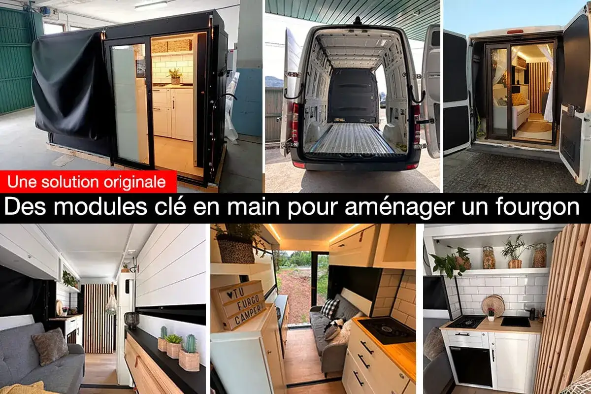 Modules pr&eacute;fabriqu&eacute;s pour am&eacute;nager un habitacle camion en espace de vie cosy. Cuisine, salon, tout y est !