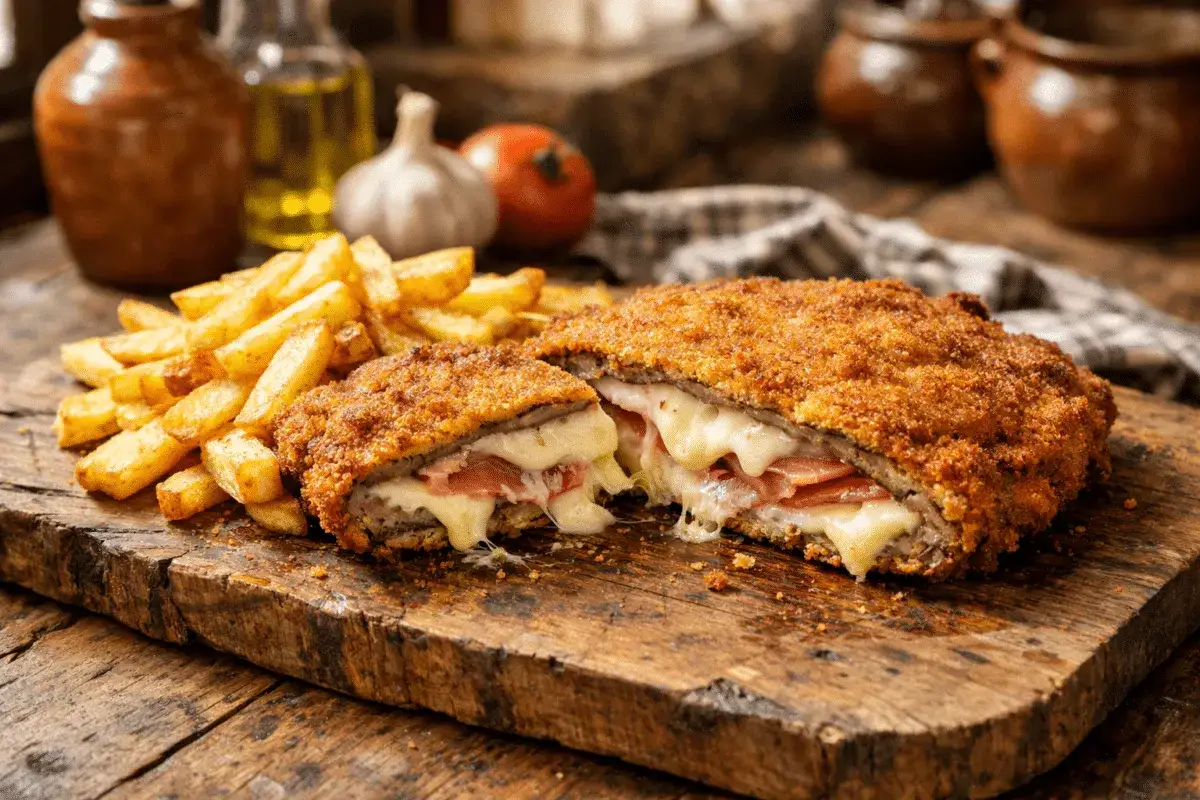 Cachopo jugoso y crujiente, relleno de jam&oacute;n y queso fundido, acompa&ntilde;ado de patatas fritas. &iexcl;Una receta irresistible!