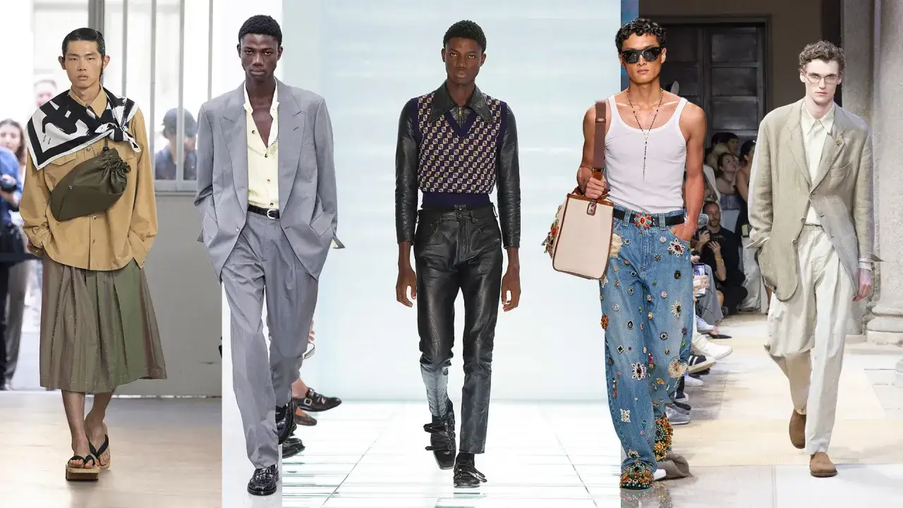 Modelli sfilano con look audaci e innovativi alla Milano Fashion Week 2024: gonne, completi grigi, pelle e jeans decorati.