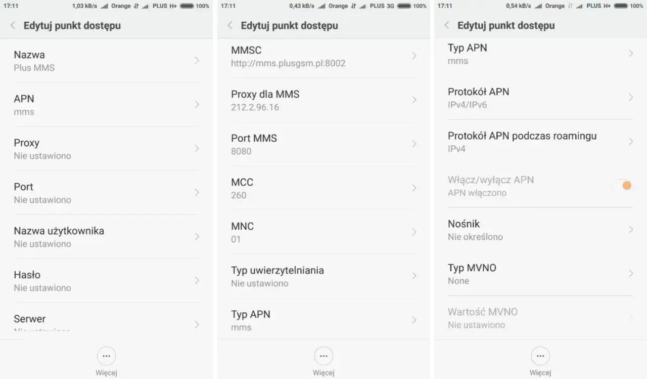 Ustawienia APN Plus dla MMS. Widoczne nazwy, APN, MMSC, proxy, porty, protokoły i status włączenia APN.