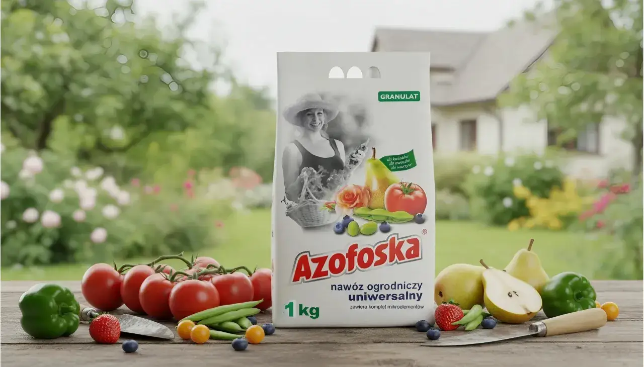 Azofoska nawóz ogrodniczy uniwersalny. Na opakowaniu zdjęcie kobiety w kapeluszu, owoce i warzywa. Obok na stole świeże pomidory, papryka, fasolka, truskawki, borówki i gruszki.