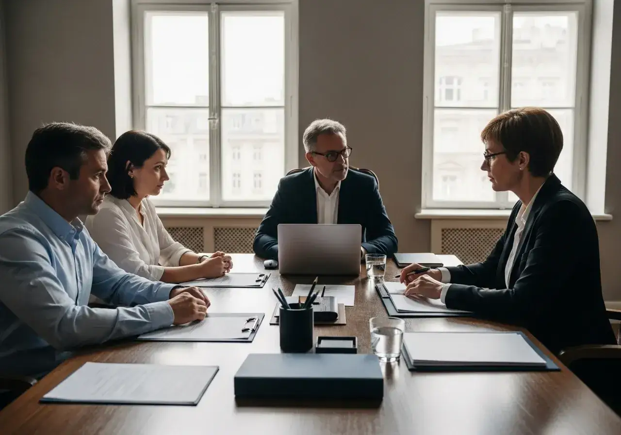 Réunion de famille discutant des frais d'avocat pour partage judiciaire. Quatre personnes assises autour d'une table en bois, documents et ordinateur portable.