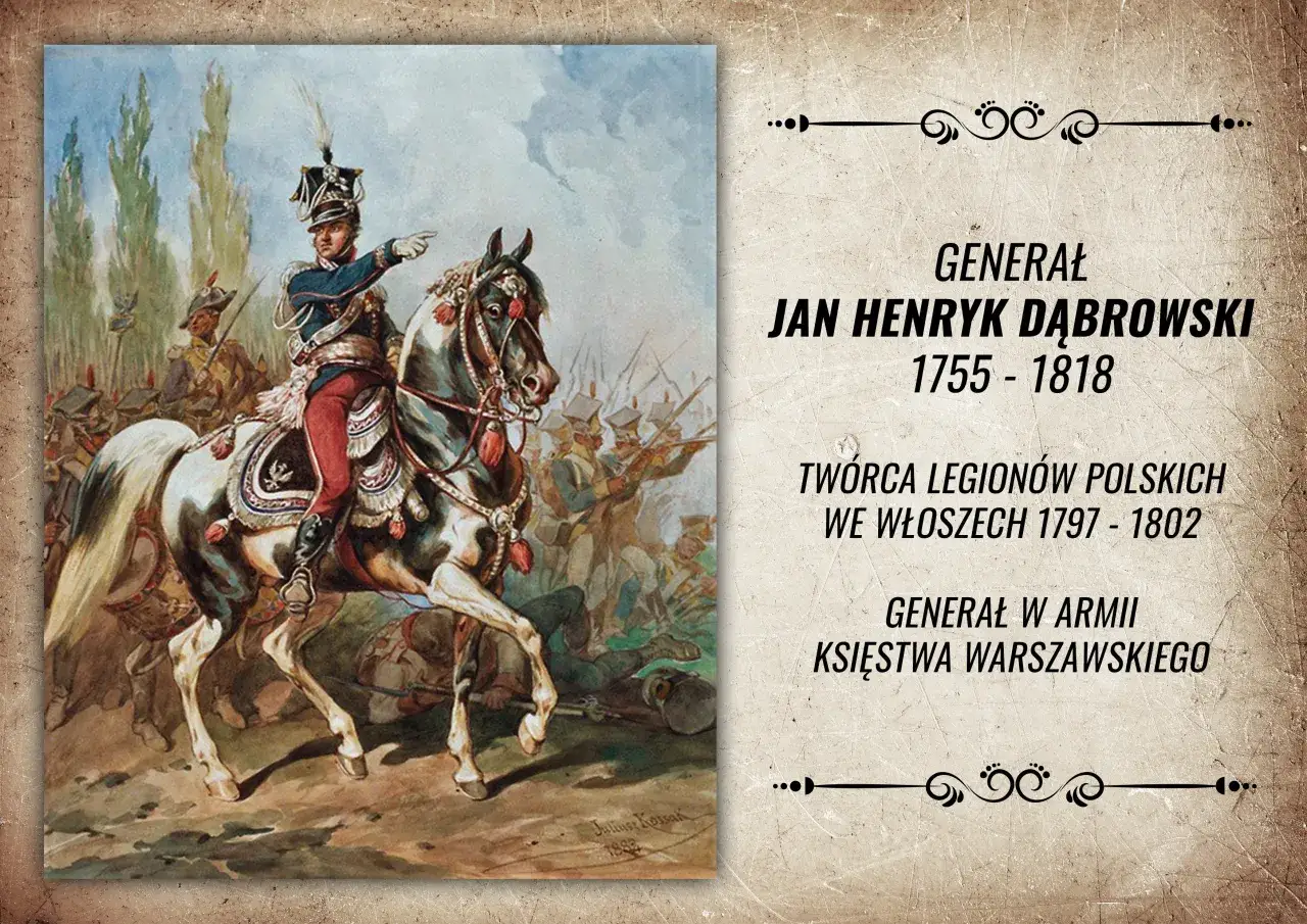 Generał Jan Henryk Dąbrowski na koniu, twórca Legionów Polskich, gdzie powstał hymn Polski.