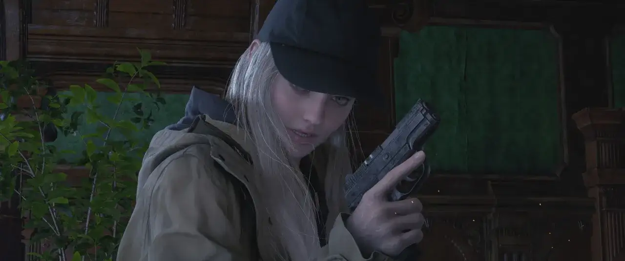Młoda kobieta z pistoletem w dłoni, w czapce z daszkiem, w klimacie Resident Evil Village. Czas gry dopiero się zaczyna.