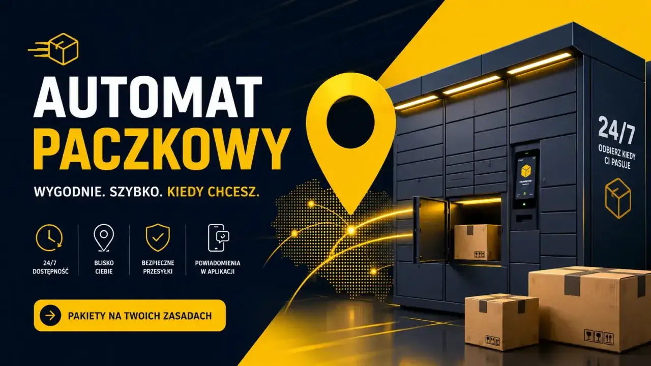 Nowoczesny automat paczkowy z otwartymi schowkami, w których znajdują się paczki. Dostępny 24/7, wygodnie i szybko.