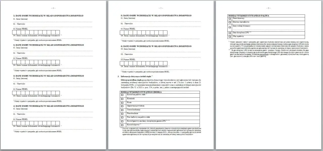 Formularz wniosku o dodatek energetyczny. Sekcja