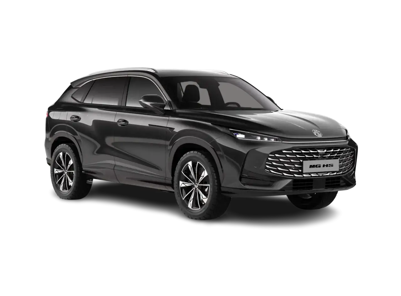 Ciemnoszary SUV MG HS z chromowanym grillem i felgami. Czy to marka MG, o którą pytasz?
