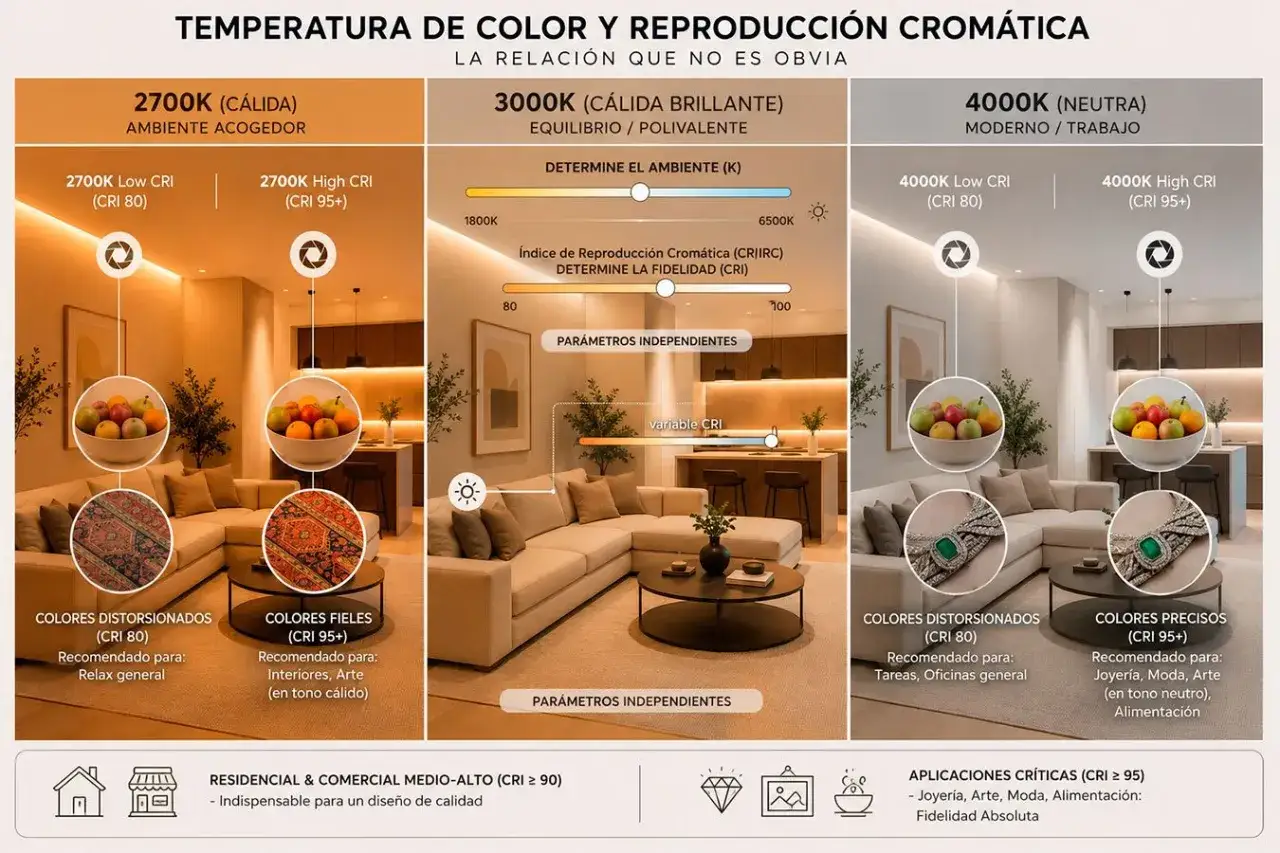 Comparativa de iluminación: 2700K cálida, 3000K neutra y 4000K (neutra) para ambientes modernos. La luz 4200K no se muestra, pero se infiere su uso en tareas.